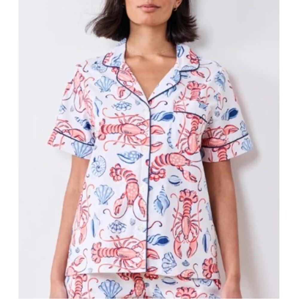 Printfresh Lobster & Shell Short-Sleeve Pajama Top in White, Coral & Blue